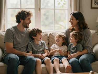 Warm indoor window light illuminating a family laughing together on a soft linen couch, unposed candid moment, genuine expressions