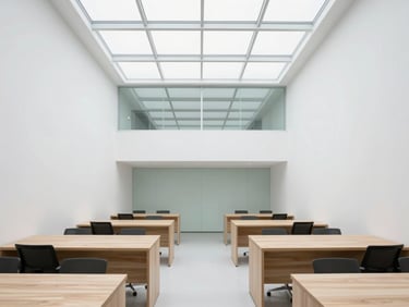 Wide-angle architectural photograph of a modern office open space, white walls, light wood desks, large glass roof with natural light, minimalist design.