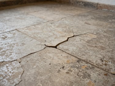Before: worn and cracked residential floor surface under natural daylight, original tiles visibly aged and uneven, wide shot showing full floor extent