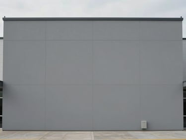 Before: plain rendered exterior wall of a commercial building in flat overcast light, bare grey render with no finish, wide shot showing full facade panel