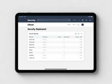 A clean, top-down flat-lay of a digital document interface on a tablet screen, displaying a secure receipt upload portal with structured data tables, bright neutral daylight, minimal shadows.