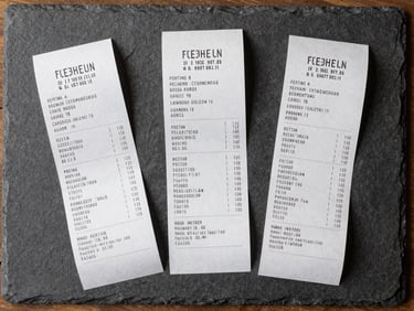 A clean top-down flat-lay of retail receipts with printed line items and tax breakdowns, illuminated by even, neutral daylight on a slate-colored workspace.
