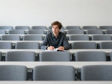 Academics discussing media theory in a modern lecture hall, clean academic photography, bright natural daylight, cool slate and gray tones, sharp focus, 35mm