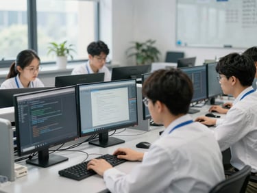Researchers collaborating on digital communication trends on screens in a university lab, academic setting, bright natural daylight, cool slate and gray tones, sharp focus, 35mm