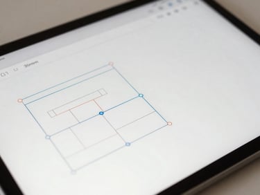 Close-up of a digital interface showing clean strategic diagrams, bright natural daylight, soft desaturated tones, 35mm