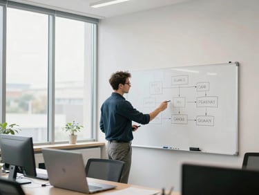 A bright modern logistics office with large windows. A professional instructor stands by a clean whiteboard showing a flow diagram. Soft desaturated tones, professional depth of field, 35mm.