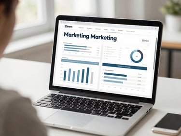 An over-the-shoulder shot of a laptop screen showing marketing campaign analytics, bright natural daylight, soft desaturated tones, 35mm