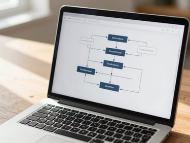 A close-up of a modern laptop screen displaying a clean strategic workflow diagram on a wooden desk. Natural daylight casting soft shadows, professional depth of field, 35mm.