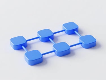 Macro 3D render of a glowing blue state-machine diagram, abstract technical architecture, clean high-key studio lighting