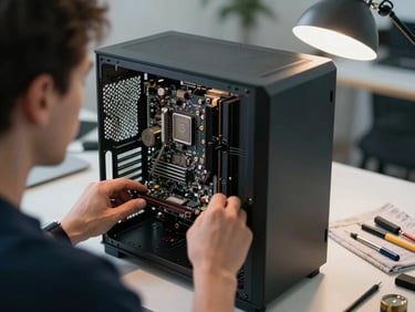 Over-the-shoulder close-up of a technician seated at a workbench examining an open desktop computer case, task lamp casting cool daylight across the motherboard, tools laid out on a cloth to the right, hands steady on the chassis