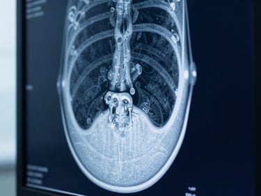 Macro shot of high-resolution radiology screen displaying structural detail, cool crisp blue lighting, high contrast, clinical precision