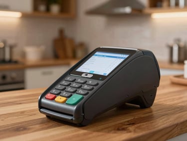 Macro shot of a sleek black POS terminal on a busy wooden kitchen pass, warm ambient kitchen lights blurred in the background, sharp focus on the screen interface showing transaction ledger