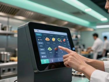 Sleek modern kitchen terminal displaying a live inventory interface, hands of a chef tapping the screen, background of active kitchen line, cool architectural lighting with mint accents, sharp focus, 50mm lens.