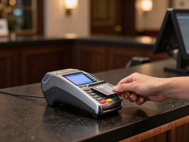 Sleek metal POS terminal sitting on a dark hotel reception desk, warm ambient lobby lighting, a guest hand tapping a credit card on the terminal reader