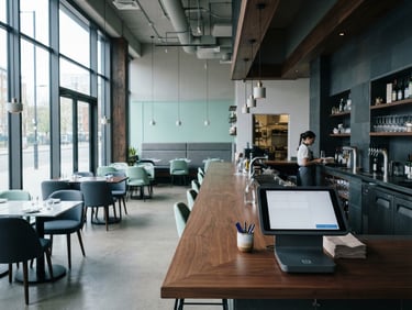 Wide shot of a modern restaurant dining room during prep hour, a sleek POS terminal on a wooden bar counter in the foreground, cool morning light coming through large windows