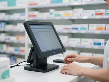 Close-up of hands operating a modern POS touchscreen terminal on a clean white pharmacy counter, shelves of neatly organized medicine boxes in soft focus behind