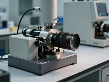 Equipamento técnico de precisão sobre uma bancada limpa, com foco nítido e iluminação de laboratório, transmitindo segurança e controle técnico.
