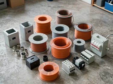 Wide overhead shot of electrical supplies — coiled wire spools in orange and grey insulation, junction boxes, conduit fittings, and panel switches arranged on a concrete floor, bright even warehouse overhead light, organized and dense, no people