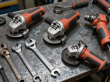 Overhead catalog shot of heavy-duty industrial tools — angle grinders, pipe wrenches, and drill machines laid out on a dark steel workbench, hard raking side light revealing metal casing texture and wear marks, no people, no text