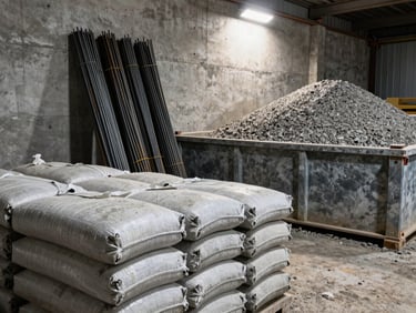 Environmental wide shot of construction material storage — stacked cement bags in foreground, bundled steel rebar leaning against a concrete wall, aggregate gravel in open bins beyond, hard overhead industrial light casting strong shadows on material surfaces, no people