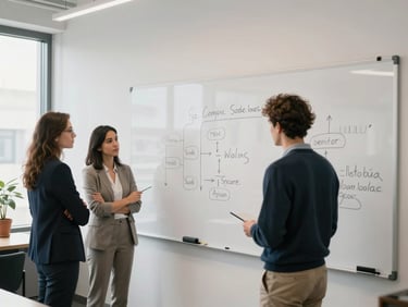 Collaborative whiteboard session in a bright office, clean architectural lines, natural daylight.