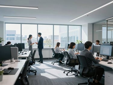 A wide environmental shot of a modern clean UK accounting office with bright natural daylight coming through large windows, professionals collaborating in the background, cool blue tones.
