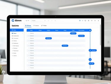 Clean software dashboard showing a structured sales pipeline with column stages, bright high-key lighting, electric blue accents, professional corporate style
