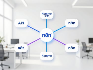 Clean minimalist vector-style diagram of API nodes connecting Kommo CRM to n8n, glowing electric blue and violet lines on a white background, high-key studio lighting