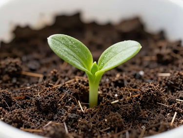 Vibrant green plant shoot emerging from rich, healthy dark soil, warm morning light, macro