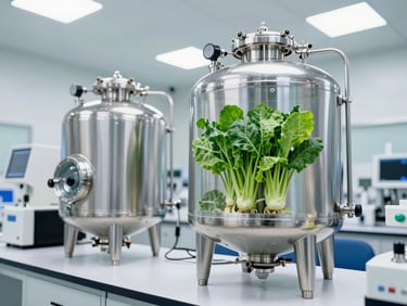 Advanced stainless-steel manufacturing tanks and quality testing equipment inside a modern agrochemical facility, bright corporate lighting, 35mm
