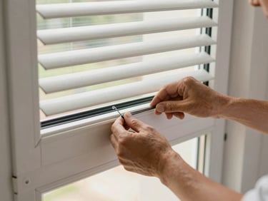 Gros plan sur un moteur de volet roulant ouvert, les mains d'un technicien vérifiant les connexions, lumière naturelle, atelier propre.