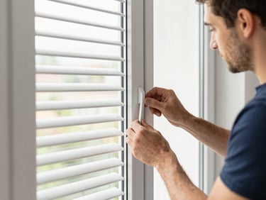 Mains d'un technicien remplaçant un joint sur une fenêtre en PVC, vitre propre, lumière naturelle, ambiance de travail soignée.