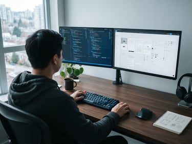 Over-the-shoulder view of a clean developer workspace with dual monitors displaying code syntax and interface wireframes, cool natural window light, sharp focus, 35mm.