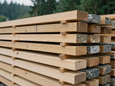 Close-up of raw construction materials, stacked cedar planks and cut basalt stone in a structured pile, soft overcast daylight, 35mm