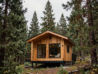 Exterior architectural shot of a custom modern cabin framed by tall pine trees, soft overcast Idaho daylight, 35mm