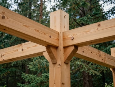Close-up of massive Douglas fir timber framing joints, secured with wooden pegs, soft overcast daylight, architectural detail