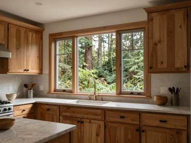 Interior architectural shot of a renovated kitchen with natural wood cabinets, large windows letting in soft daylight, stone countertops, 35mm