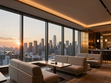 Elegant sky lounge interior with floor-to-ceiling windows showing a panoramic city skyline at sunset, plush minimalist seating, and warm ambient lighting.