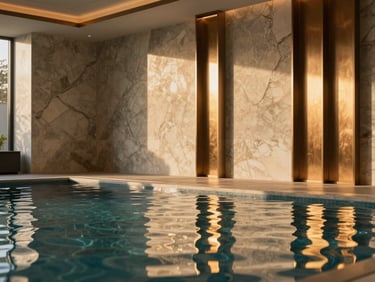Close-up of a luxury indoor swimming pool with warm golden-hour light reflecting on the water, high-end marble walls, and minimalist bronze details.