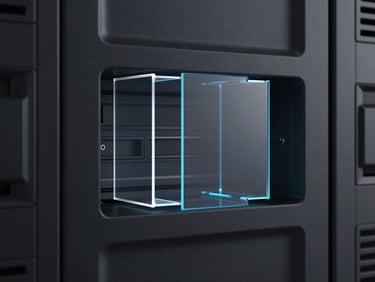 Sleek 3D render of abstract server rack, dark obsidian background, subtle blue luminescent edge glow, minimalist geometric glass structures, centered, extreme close-up macro angle, octane render