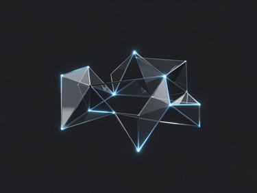 Sleek 3D render, dark obsidian background, subtle blue luminescent edge glow, minimalist geometric glass structures forming a complex neural network, octane render, centered, orthographic