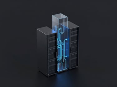 Sleek 3D render, dark obsidian background, subtle blue luminescent edge glow, macro shot of modern server architecture with glowing data pathways, octane render, centered, geometric precision