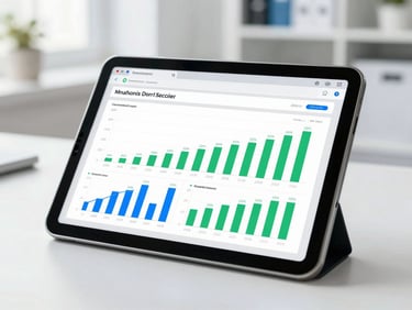 A close-up of a tablet displaying a clean medical financial dashboard with green and blue graphs, bright natural daylight, white medical office setting, 50mm lens
