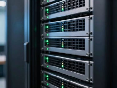 Macro shot of modern server racks with subtle neon green indicator lights, reflecting on a polished dark surface, emphasizing precision and active data processing, sleek editorial photography.