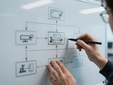 Close-up of hands sketching a detailed system architecture on a clear whiteboard, showing interconnected automation nodes and data flows, cool blue lighting, desaturated tech tones, 50mm.