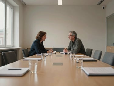 Wide shot of a spare Scandinavian-style meeting room, two people in conversation at the far end of a long table, notebooks and water glasses in the foreground, soft north-facing window light, muted warm tones