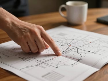 Close-up of a hand pressing a finger onto a printed process map spread across a conference table, warm tungsten light from above, shallow depth of field, a coffee mug blurred in the background