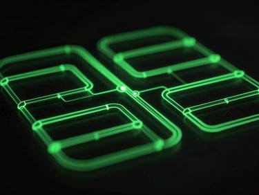 Abstract glowing green data pipeline, architectural system diagram on a dark background, low-key ambient light with sharp green neon accents.