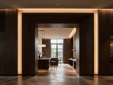 Bespoke commercial interior with warm architectural lighting, high-end minimalist design, rich dark tones, 35mm