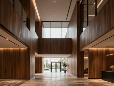 Straight-on architectural photography of a modern luxury office lobby with minimalist wood paneling, clean lines, and warm ambient lighting, 35mm.
